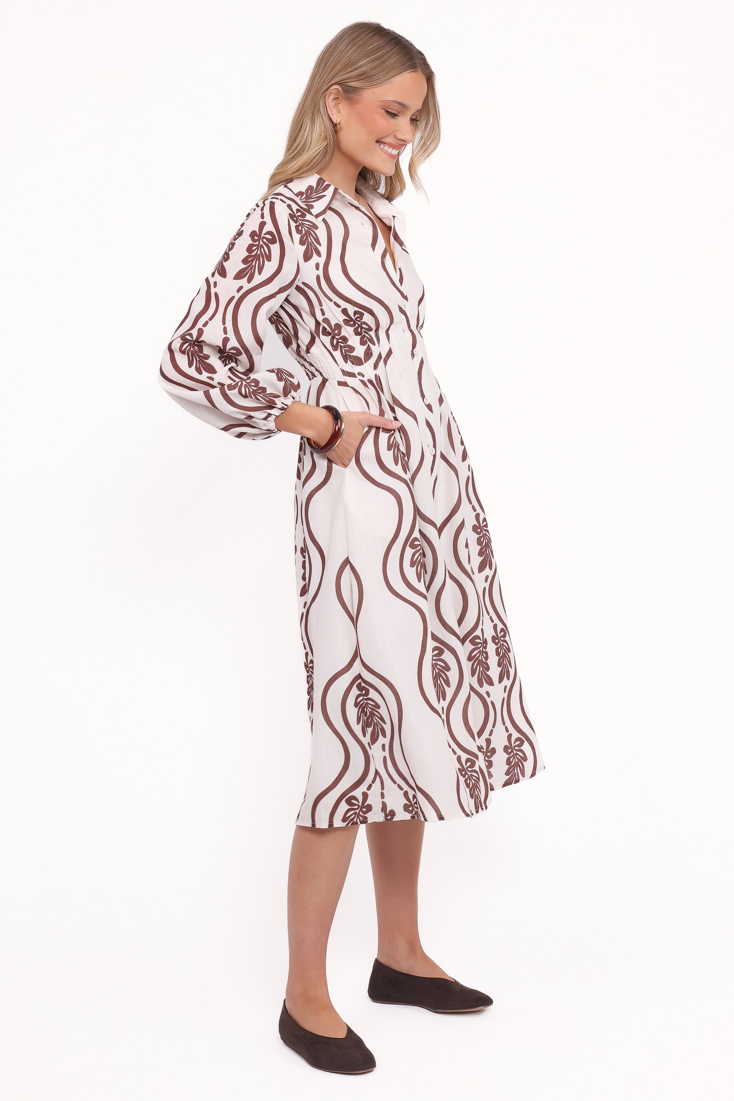 Petal and Pup USA DRESSES Lira Long Sleeve Midi Dress - Brown Print