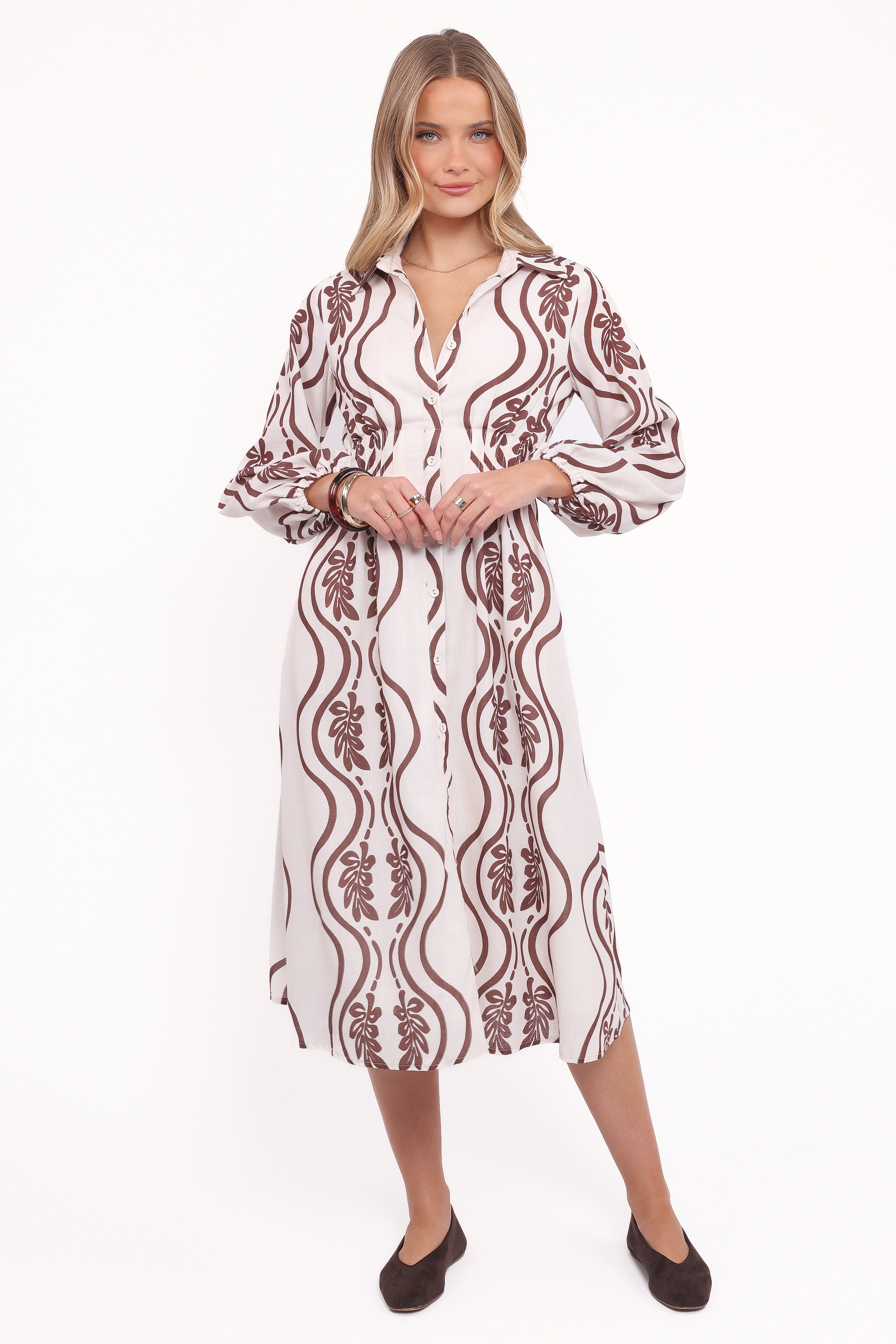 Petal and Pup USA DRESSES Lira Long Sleeve Midi Dress - Brown Print