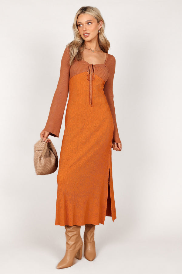 Petal and Pup USA DRESSES Lirique Long Sleeve Maxi Dress - Tan/Orange