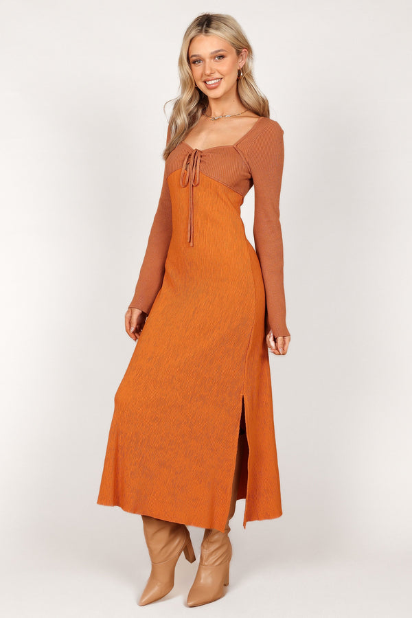 Petal and Pup USA DRESSES Lirique Long Sleeve Maxi Dress - Tan/Orange