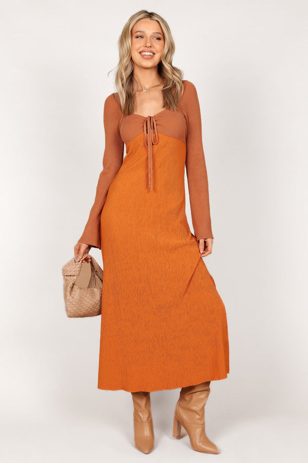 Petal and Pup USA DRESSES Lirique Long Sleeve Maxi Dress - Tan/Orange