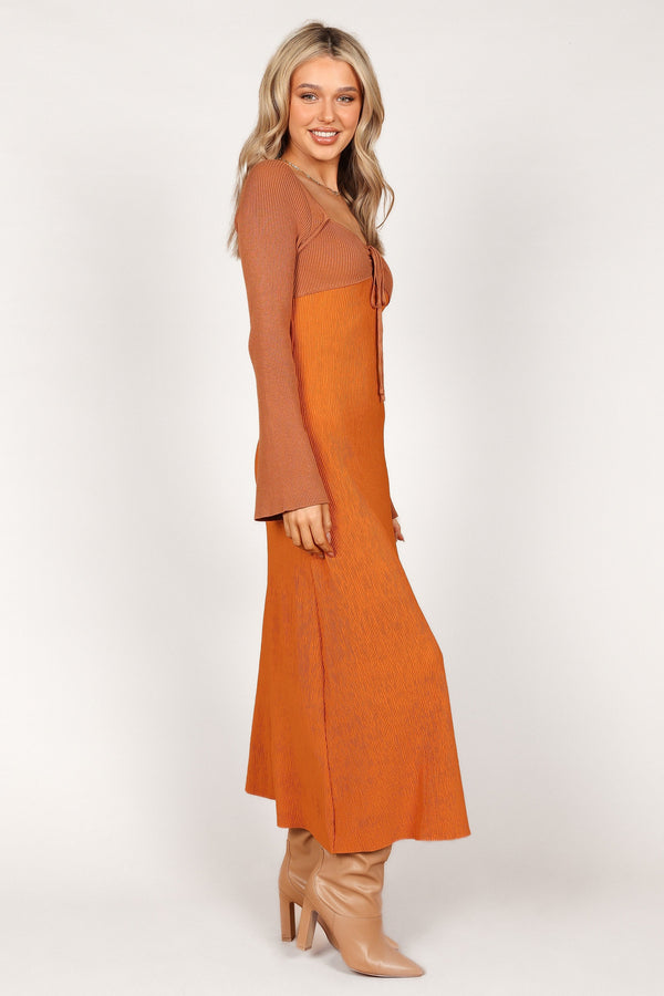 Petal and Pup USA DRESSES Lirique Long Sleeve Maxi Dress - Tan/Orange