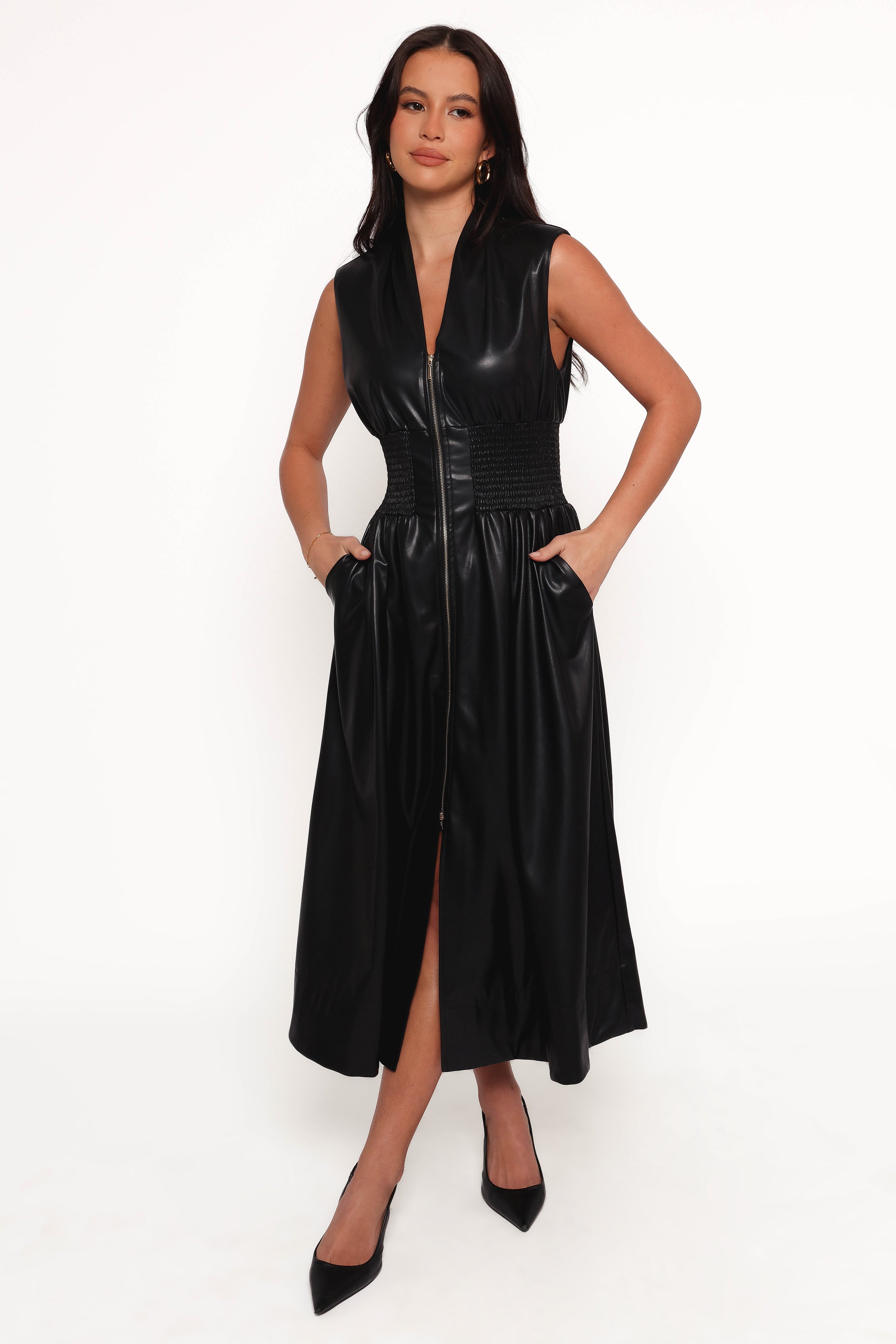 Petal and Pup USA DRESSES Lizzi Faux Leather Midi Dress - Black