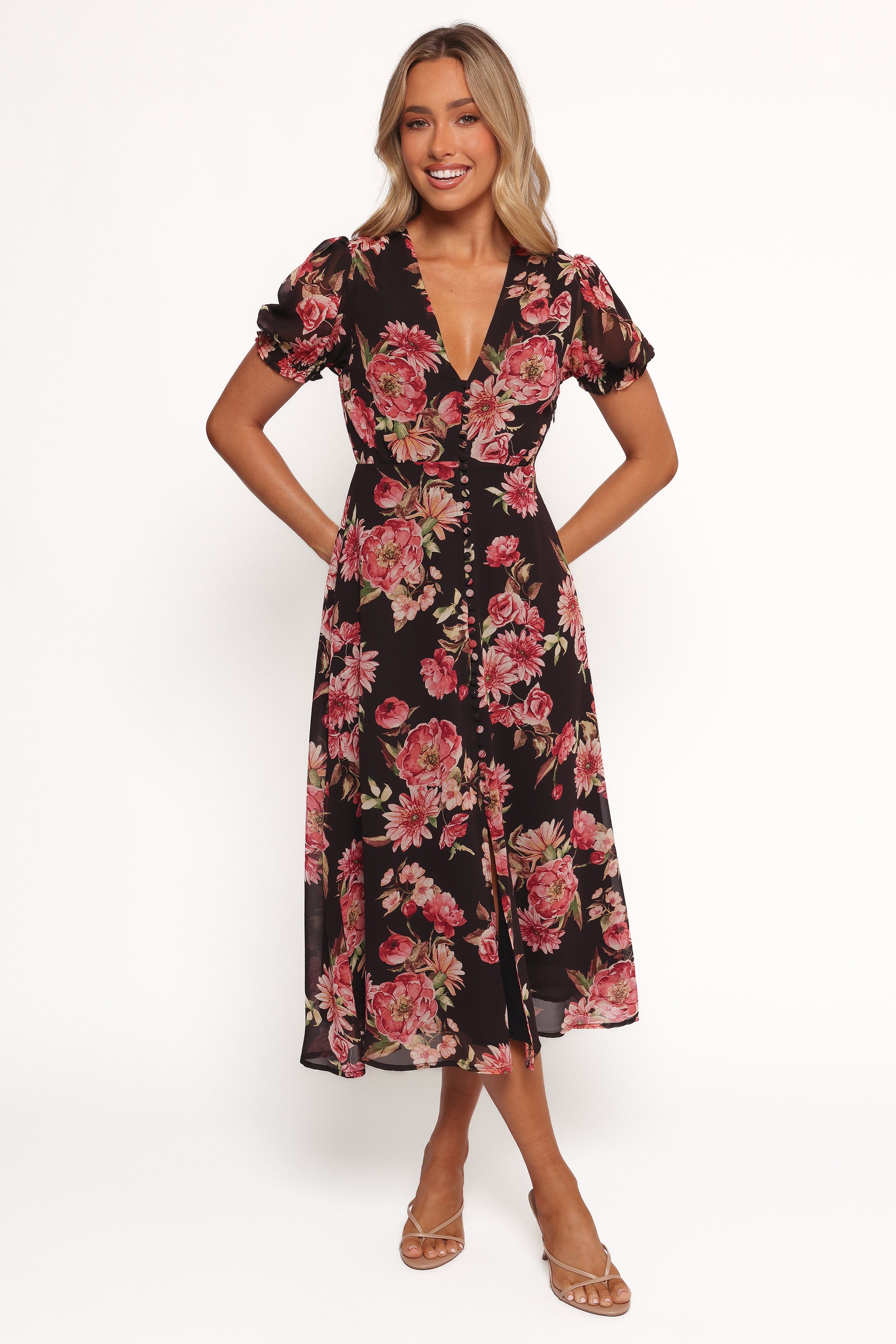 Petal and Pup USA DRESSES Logen Floral Midi Dress - Black Floral