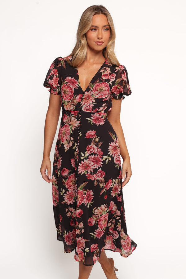 Petal and Pup USA DRESSES Logen Floral Midi Dress - Black Floral