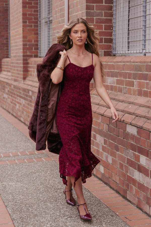 Petal and Pup USA DRESSES Lorde Midi Dress - Burgundy Lace
