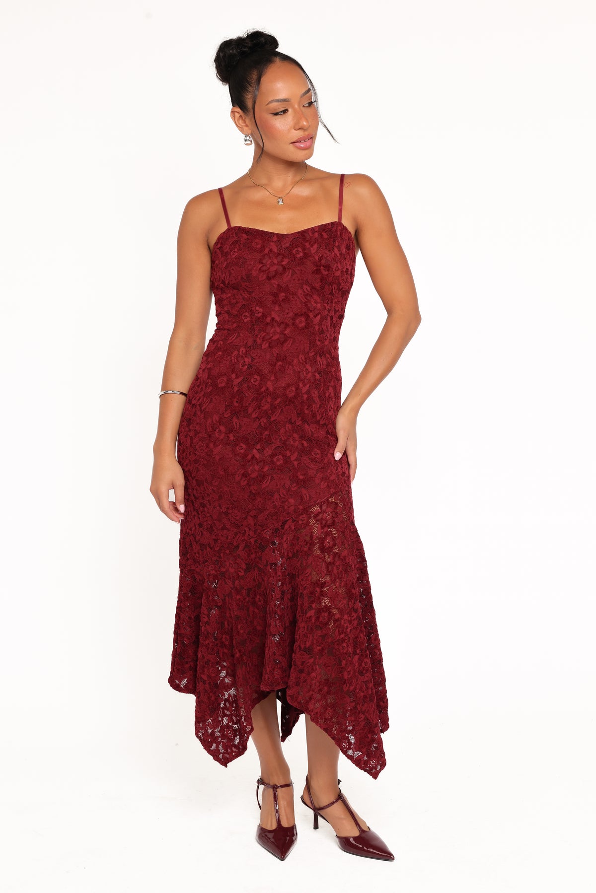 burgundy lace high low dress Petal and Pup Women's Lorde Midi Dress