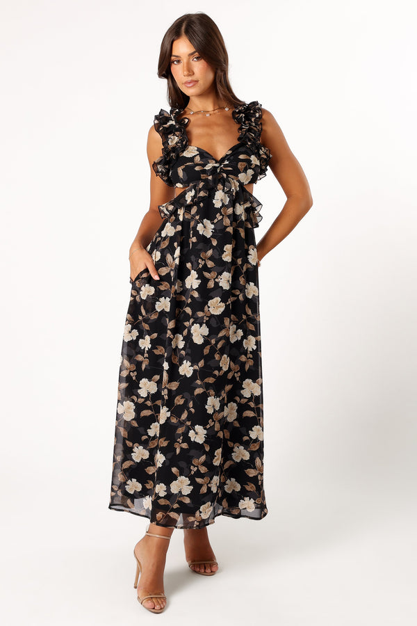 Petal and Pup USA DRESSES Lucah Frill Shoulder Maxi Dress - Black Floral