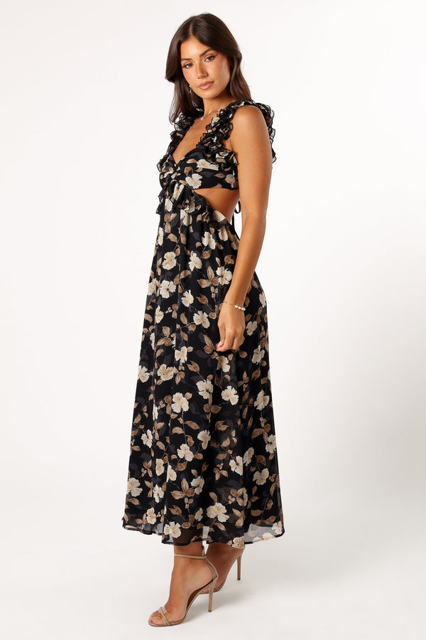 Petal and Pup USA DRESSES Lucah Frill Shoulder Maxi Dress - Black Floral