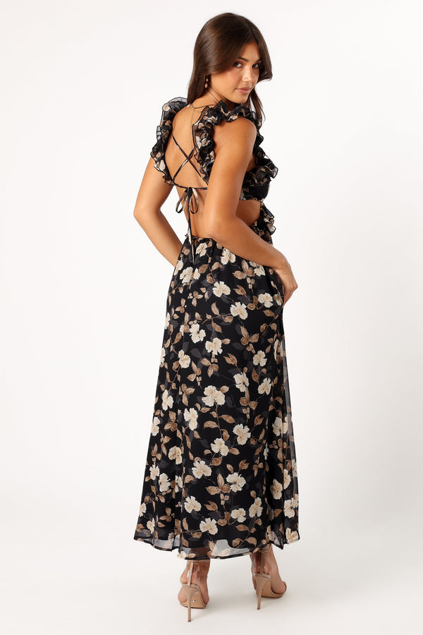 Petal and Pup USA DRESSES Lucah Frill Shoulder Maxi Dress - Black Floral