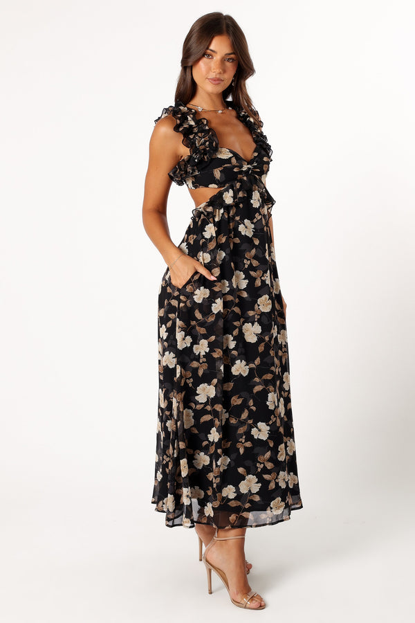 Petal and Pup USA DRESSES Lucah Frill Shoulder Maxi Dress - Black Floral