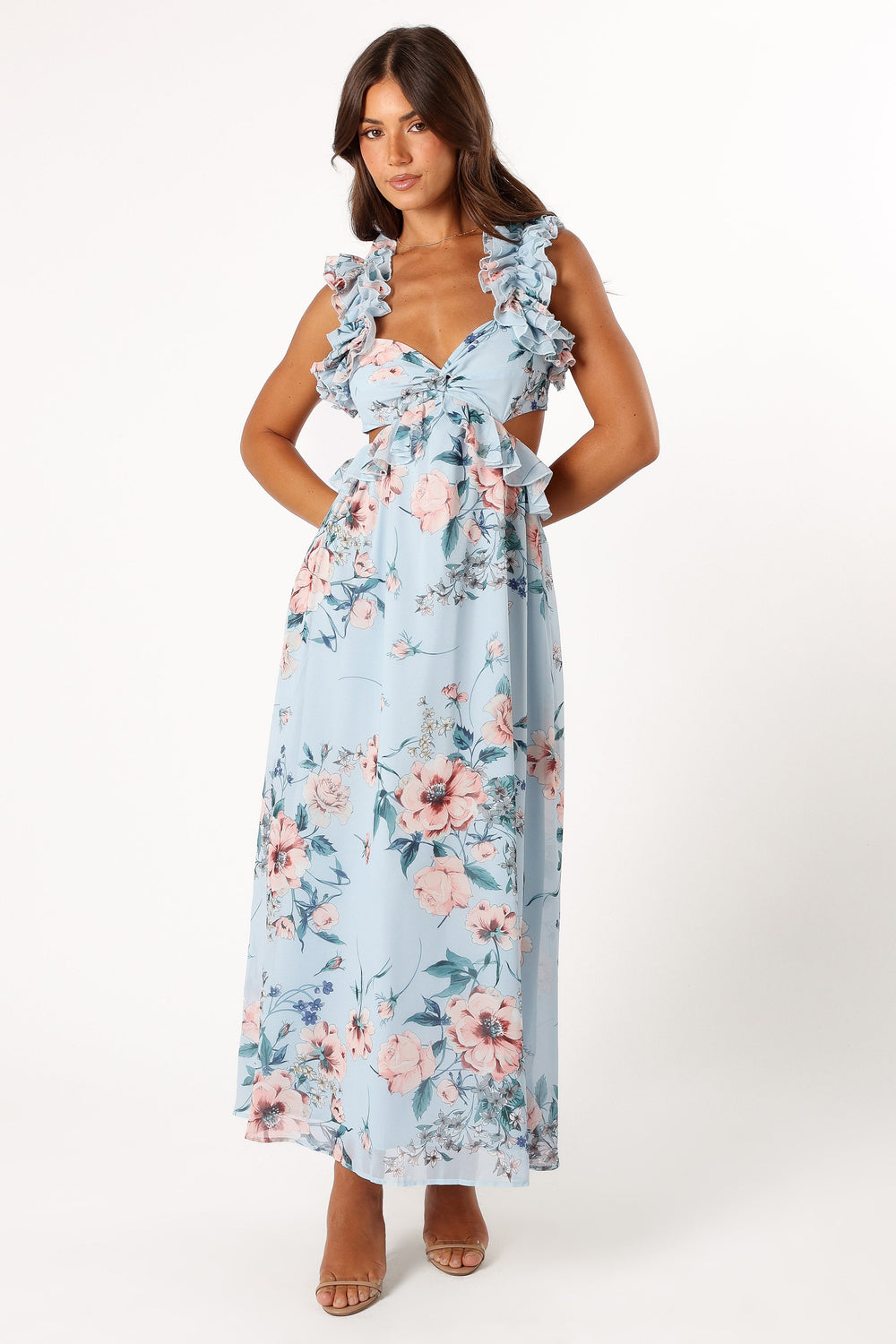 Petal and Pup USA DRESSES Lucah Frill Shoulder Maxi Dress - Blue Floral