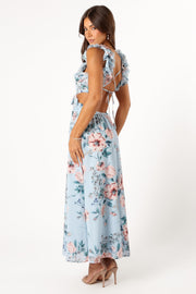 Petal and Pup USA DRESSES Lucah Frill Shoulder Maxi Dress - Blue Floral