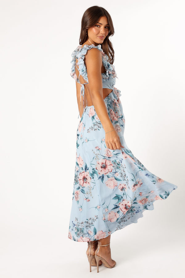 Petal and Pup USA DRESSES Lucah Frill Shoulder Maxi Dress - Blue Floral