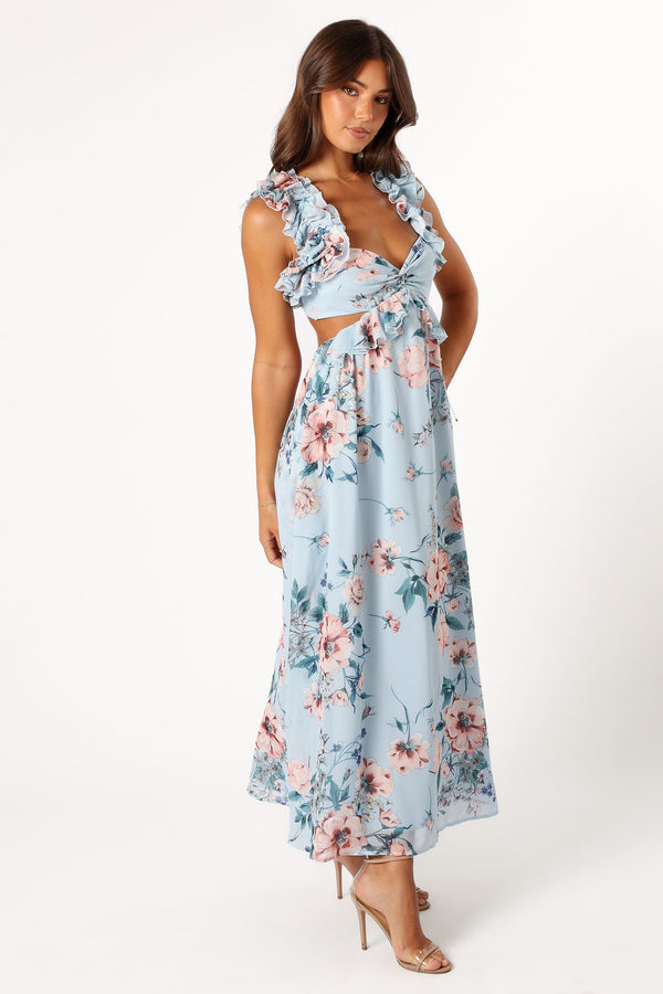 Petal and Pup USA DRESSES Lucah Frill Shoulder Maxi Dress - Blue Floral