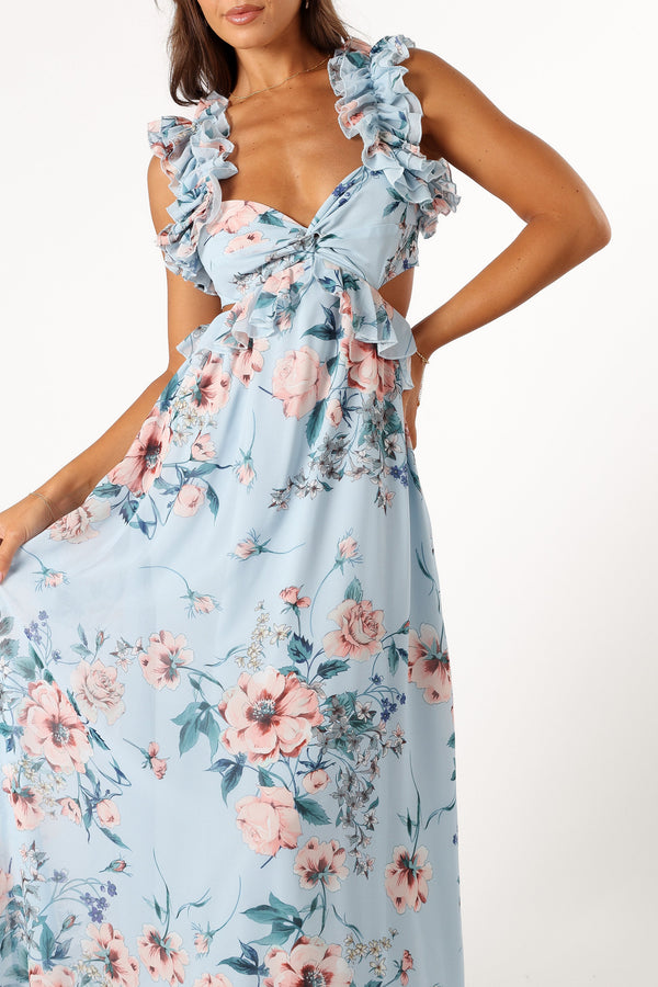 Petal and Pup USA DRESSES Lucah Frill Shoulder Maxi Dress - Blue Floral