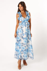 Lucah Frill Shoulder Maxi Dress - Blue White Floral