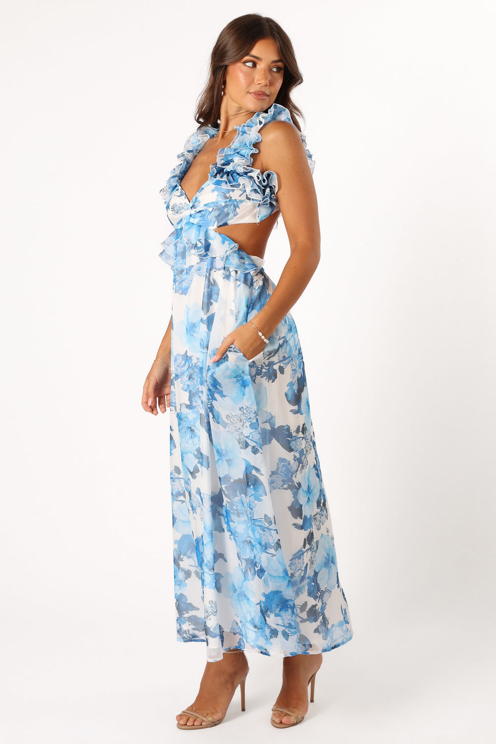 Petal and Pup USA DRESSES Lucah Frill Shoulder Maxi Dress - Blue White Floral