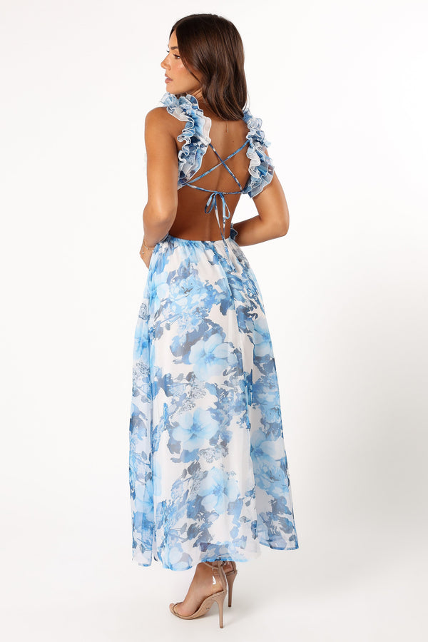 Petal and Pup USA DRESSES Lucah Frill Shoulder Maxi Dress - Blue White Floral