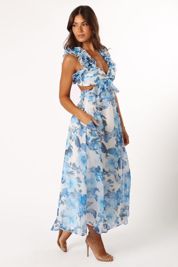 Petal and Pup USA DRESSES Lucah Frill Shoulder Maxi Dress - Blue White Floral