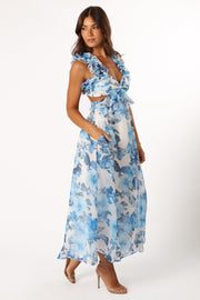 Lucah Frill Shoulder Maxi Dress - Blue White Floral - Petal & Pup USA