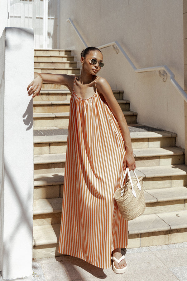 Petal and Pup USA DRESSES Lumina Maxi Dress - Orange Beige Stripe (Hold for Rack)