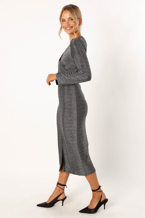 Petal and Pup USA DRESSES Luminate Long Sleeve Midi Dress - Silver