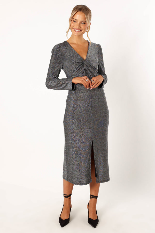 Petal and Pup USA DRESSES Luminate Long Sleeve Midi Dress - Silver