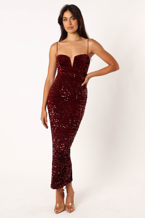 Petal and Pup USA DRESSES Madison Sequin Maxi Dress - Wine