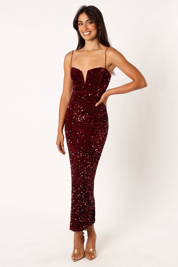 Petal and Pup USA DRESSES Madison Sequin Maxi Dress - Wine