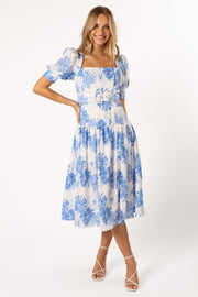 Petal and Pup USA DRESSES Magda Belted Midi Dress - Blue Floral