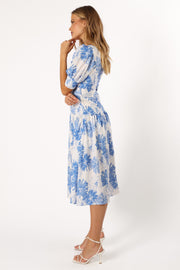 Petal and Pup USA DRESSES Magda Belted Midi Dress - Blue Floral