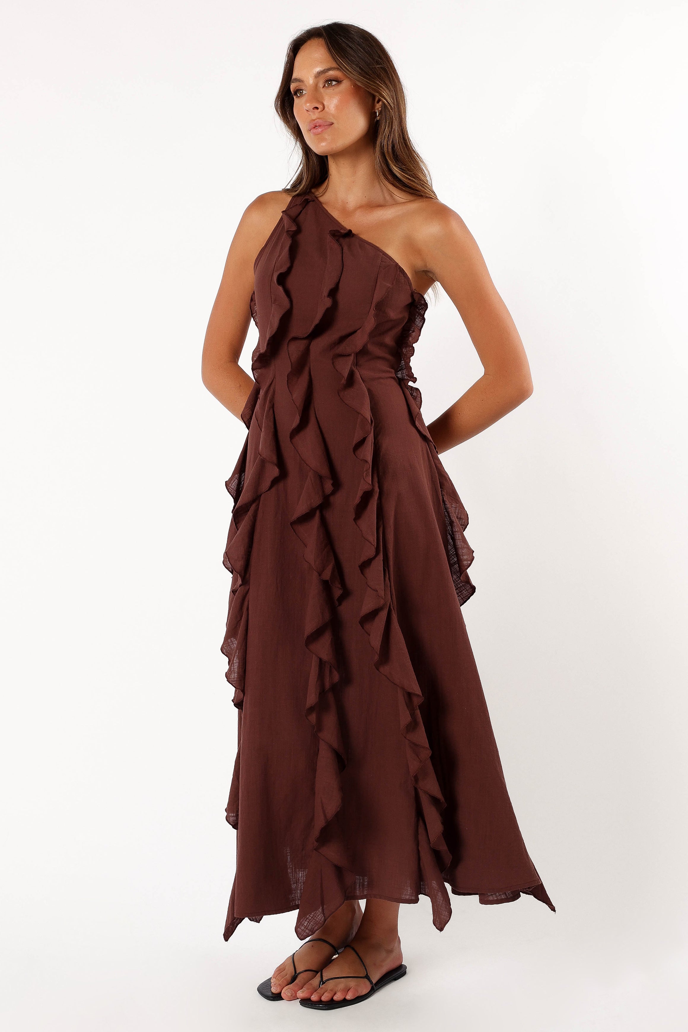 Petal and Pup USA DRESSES Maggy One Shoulder Dress - Chocolate