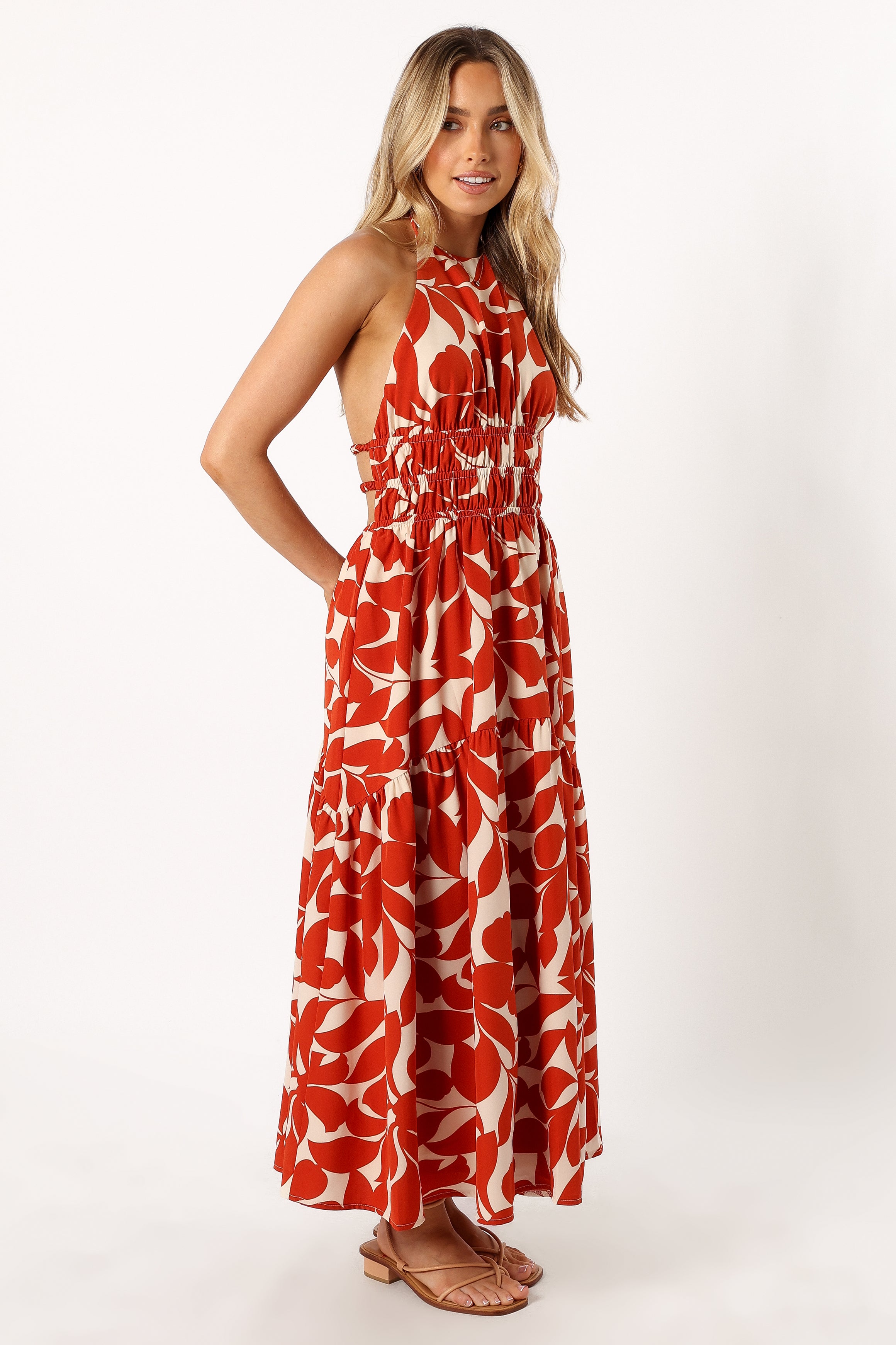 Petal and Pup USA DRESSES Maha Halterneck Maxi Dress - Tan Floral