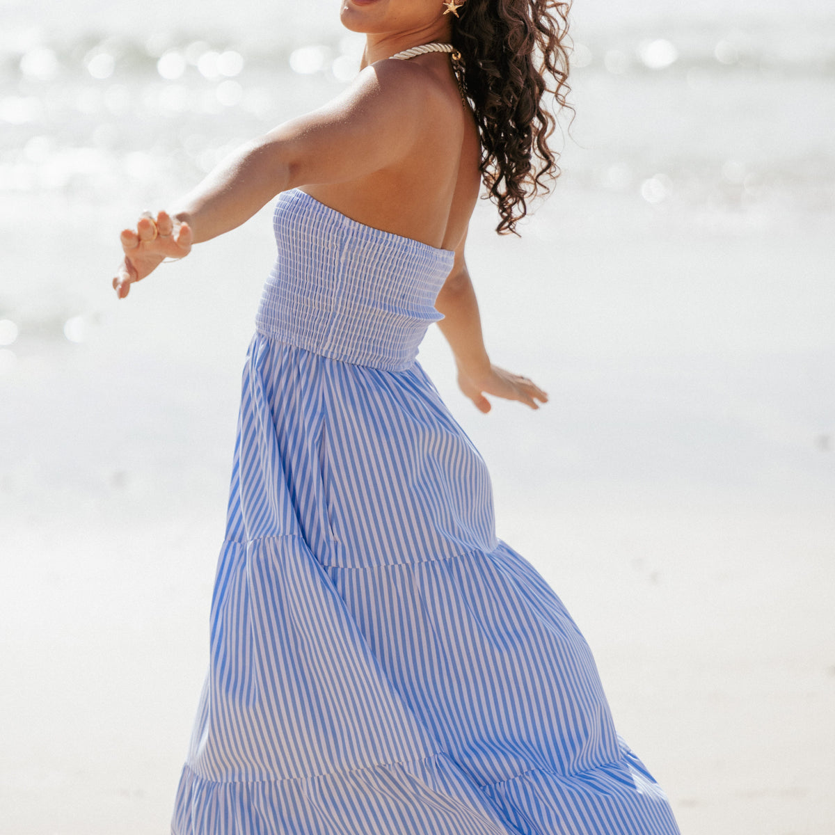 strapless striped dress Everything You Love Stripe Maxi | Trendy Women's Dress The lightweight cotton material and babydoll silhouette create a feminine and effortless look Peach Multi Striped Midi Dress