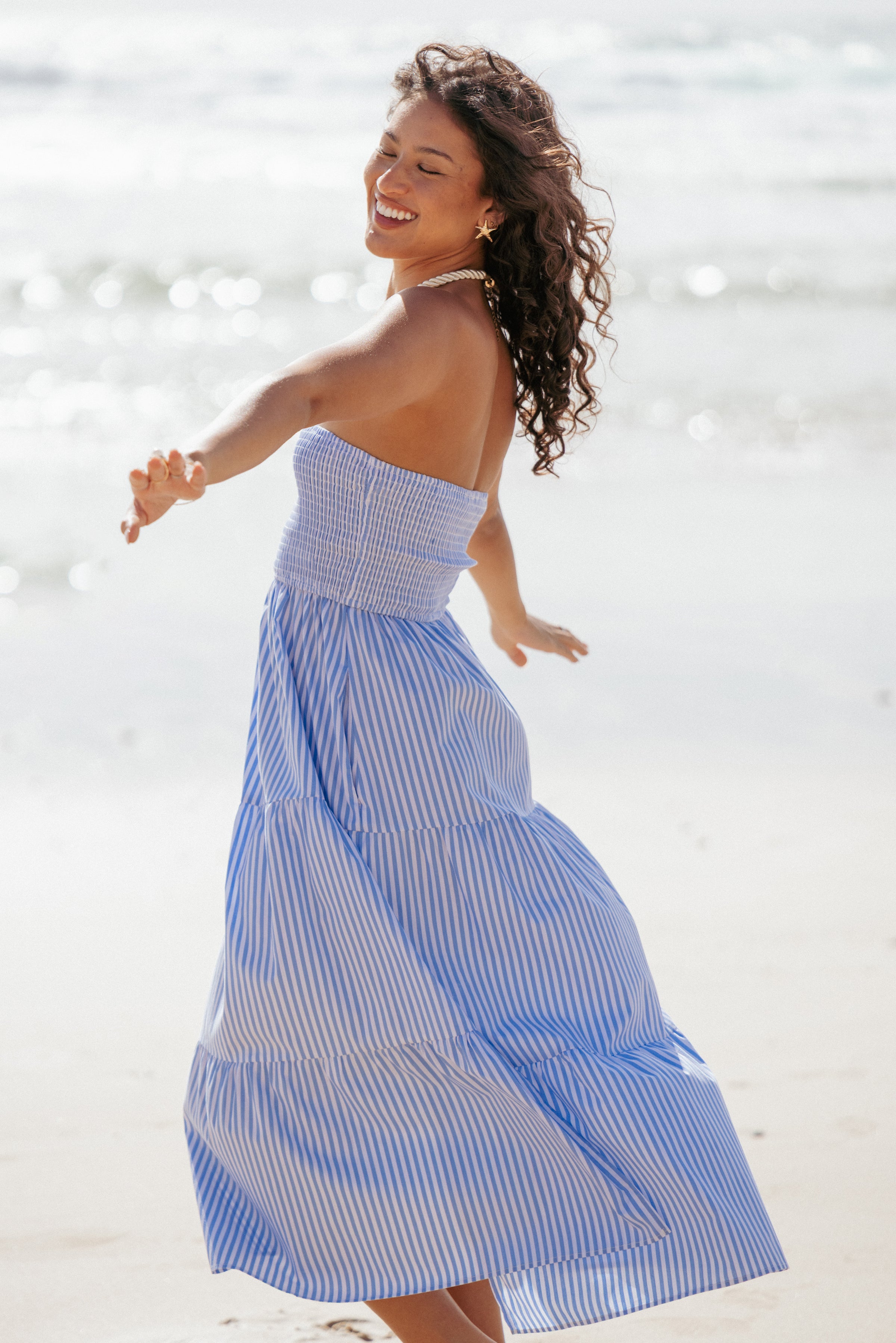 Maisie Strapless Midi Dress - Blue Stripe | Petal & Pup USA
