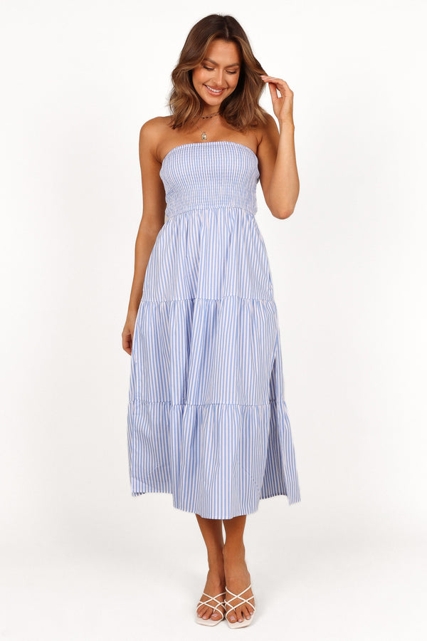 Petal and Pup USA DRESSES Maisie Strapless Midi Dress - Blue Stripe