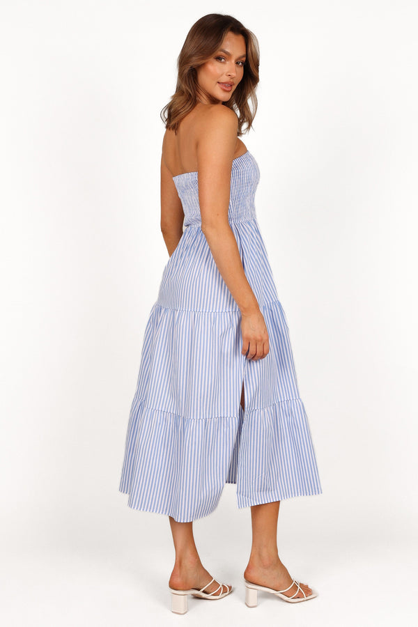 Petal and Pup USA DRESSES Maisie Strapless Midi Dress - Blue Stripe