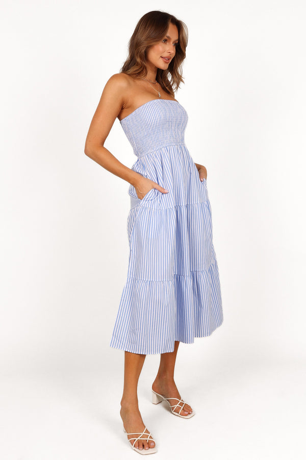 Petal and Pup USA DRESSES Maisie Strapless Midi Dress - Blue Stripe