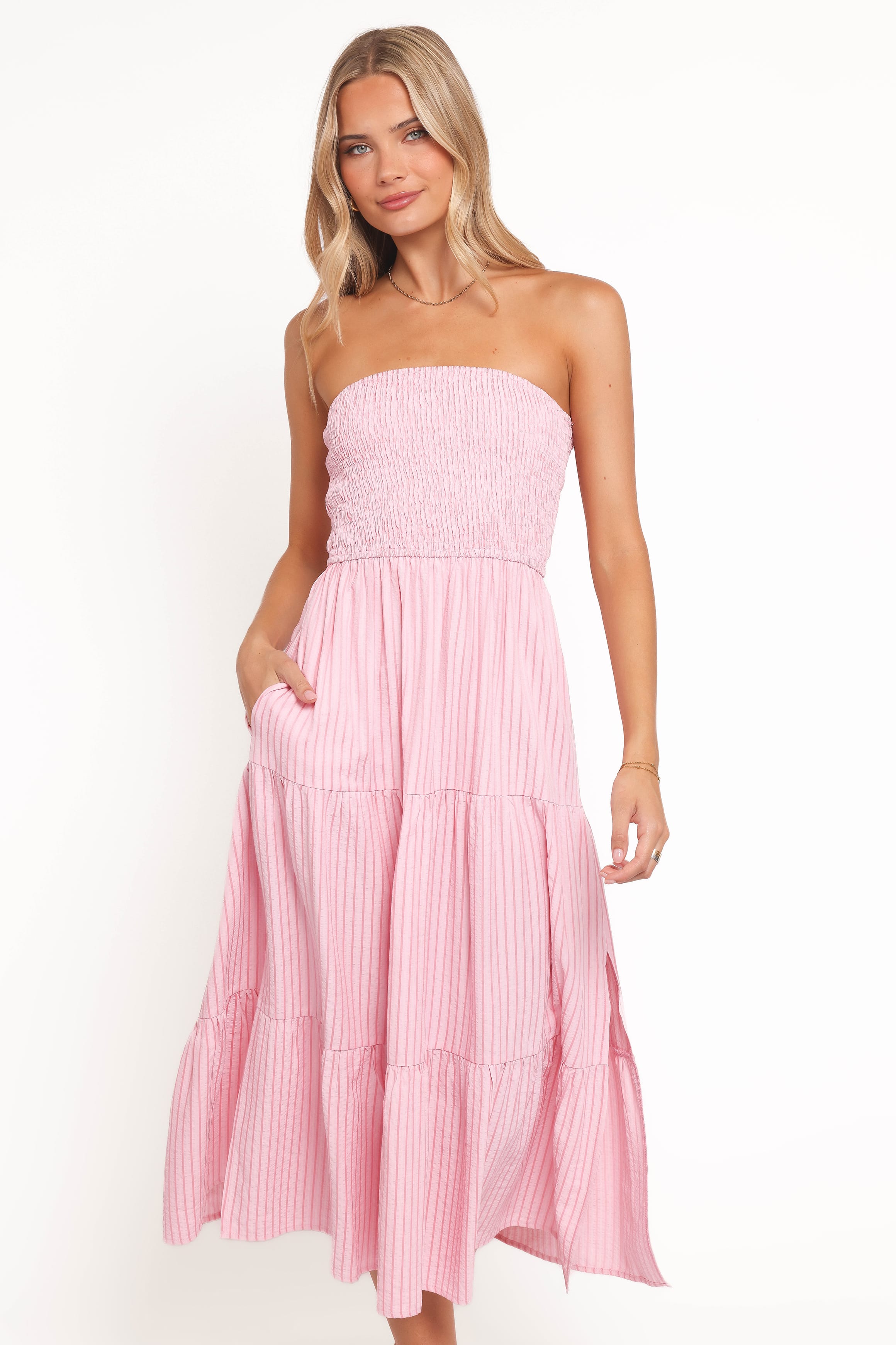 Petal and Pup USA DRESSES Maisie Strapless Midi Dress - Pink Stripe
