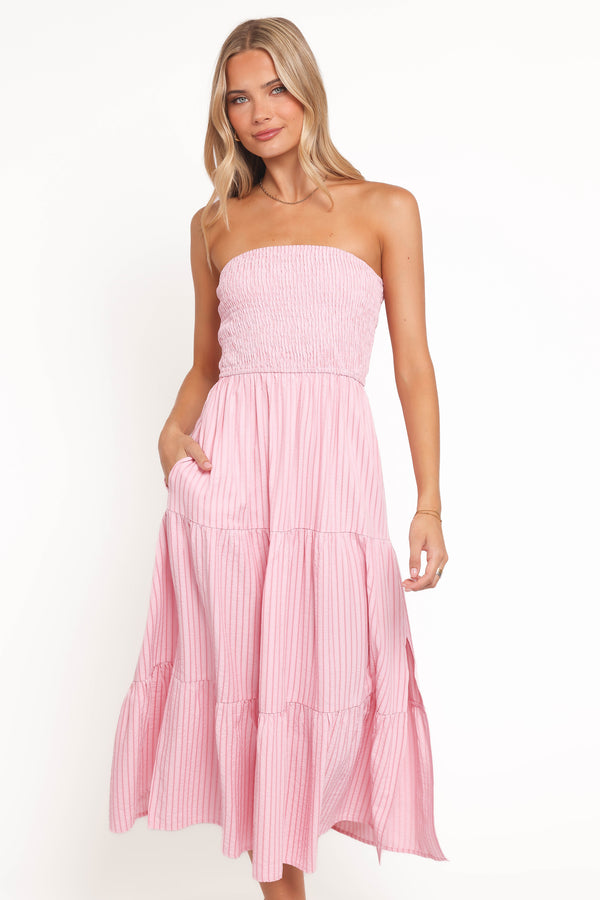 Petal and Pup USA DRESSES Maisie Strapless Midi Dress - Pink Stripe