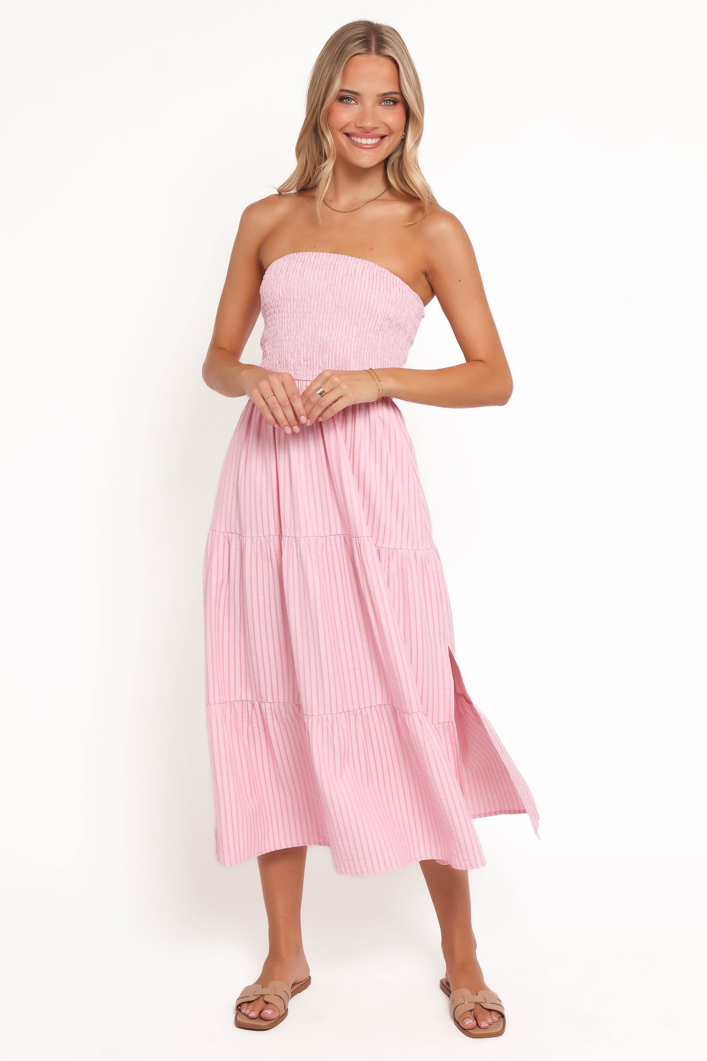 Petal and Pup USA DRESSES Maisie Strapless Midi Dress - Pink Stripe