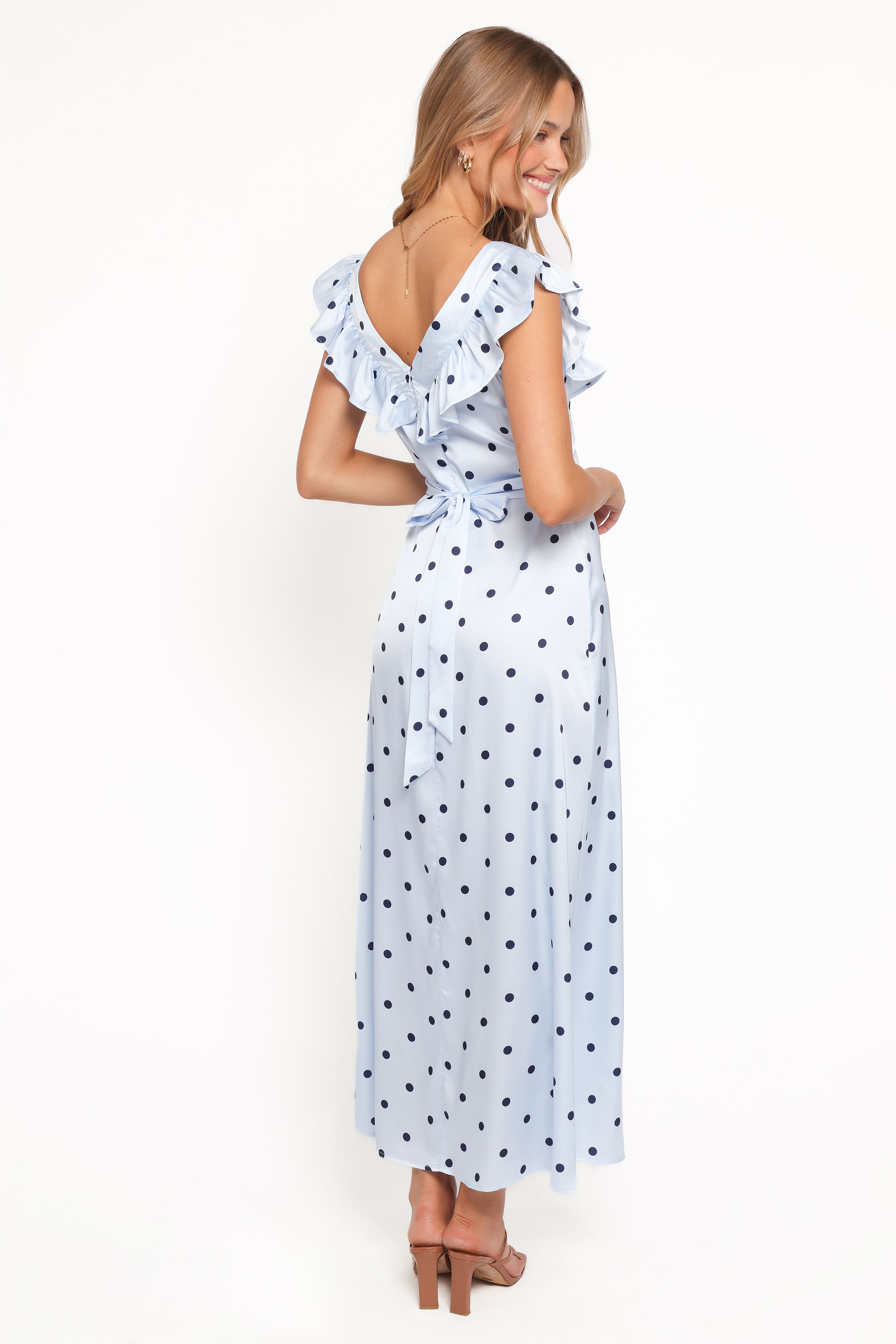 Petal and Pup USA DRESSES Manaris Off Shoulder Maxi Dress - Blue Polka Dot
