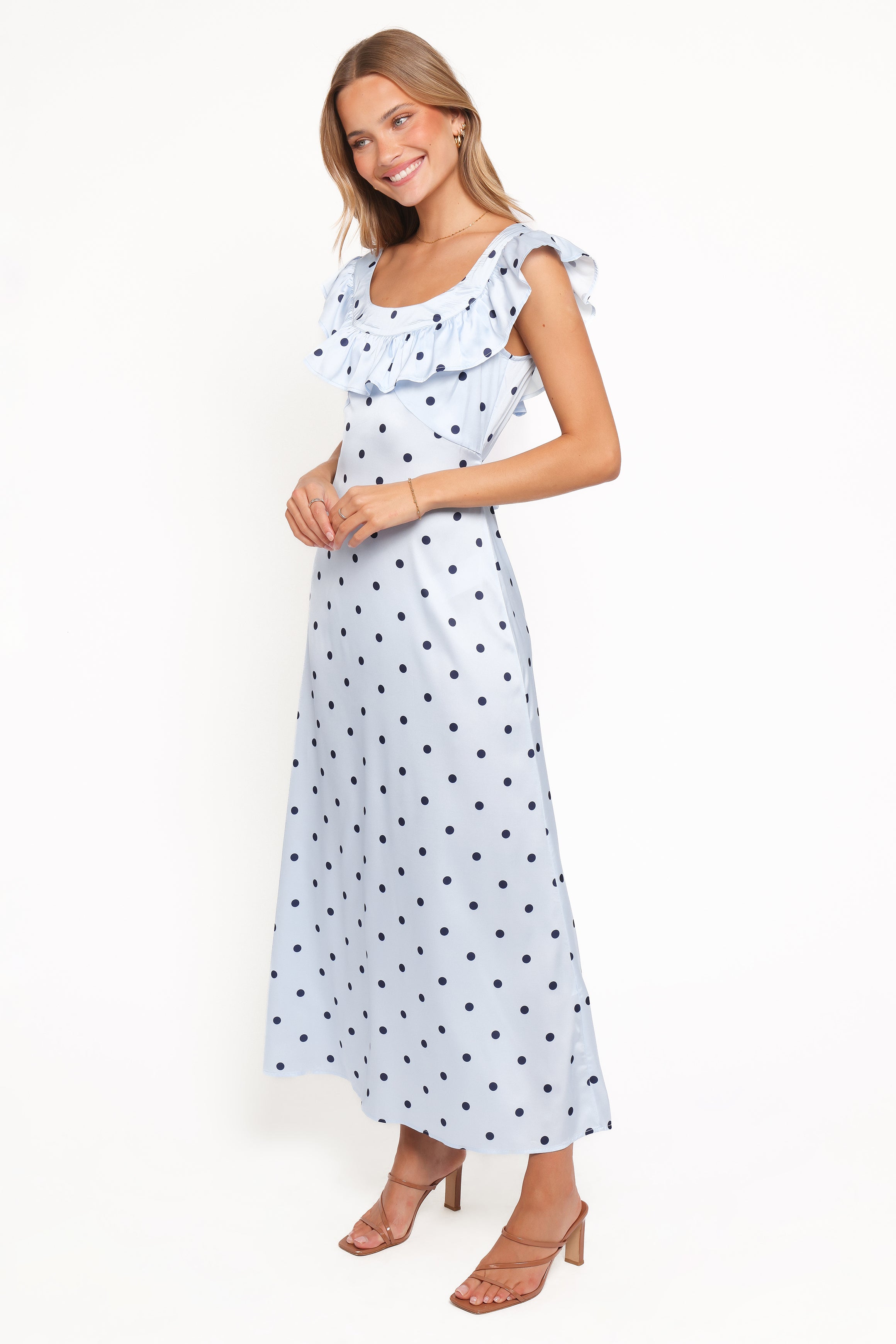 Petal and Pup USA DRESSES Manaris Off Shoulder Maxi Dress - Blue Polka Dot