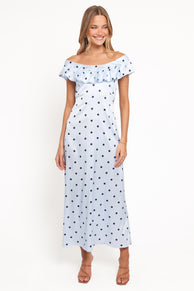 Petal and Pup USA DRESSES Manaris Off Shoulder Maxi Dress - Blue Polka Dot