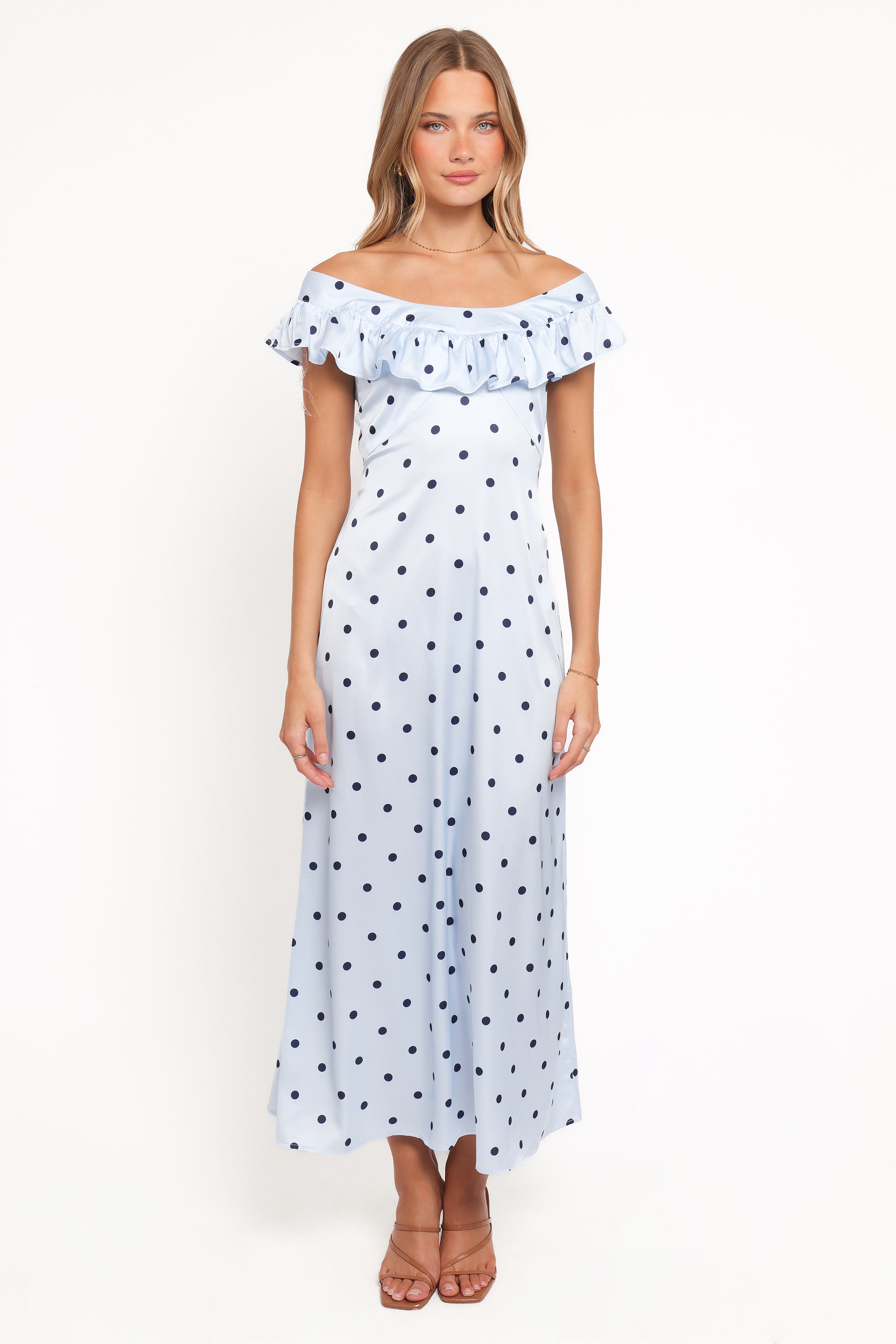 Petal and Pup USA DRESSES Manaris Off Shoulder Maxi Dress - Blue Polka Dot