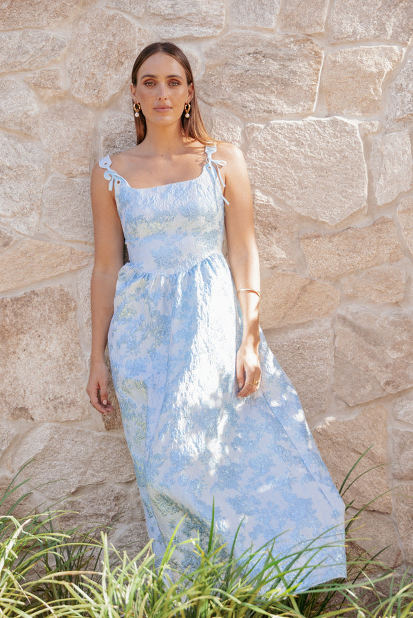 Petal and Pup USA DRESSES Marcelline Maxi Dress - Blue Brocade