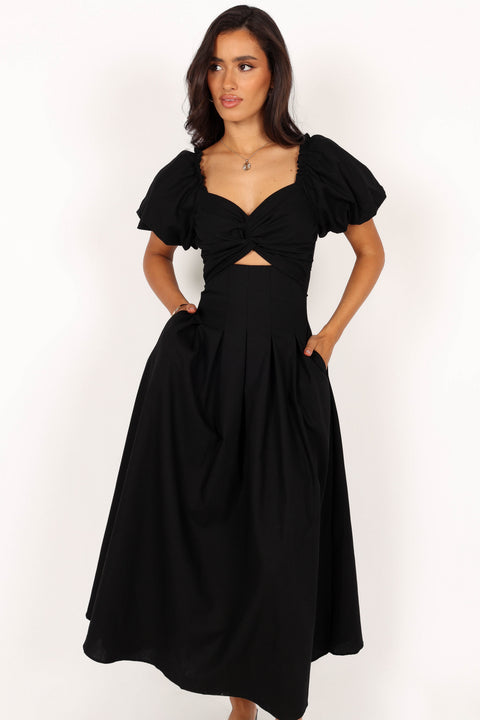 knee length dresses for ladies Maria Puff Sleeve Midi Dress - Black