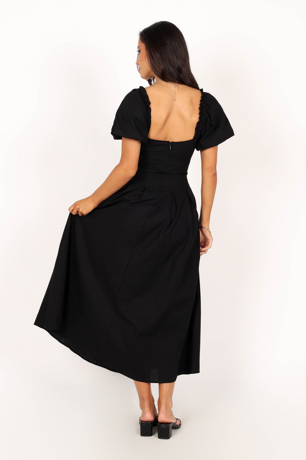 Plus Black Puff Sleeve Ruched Split Midi Dress