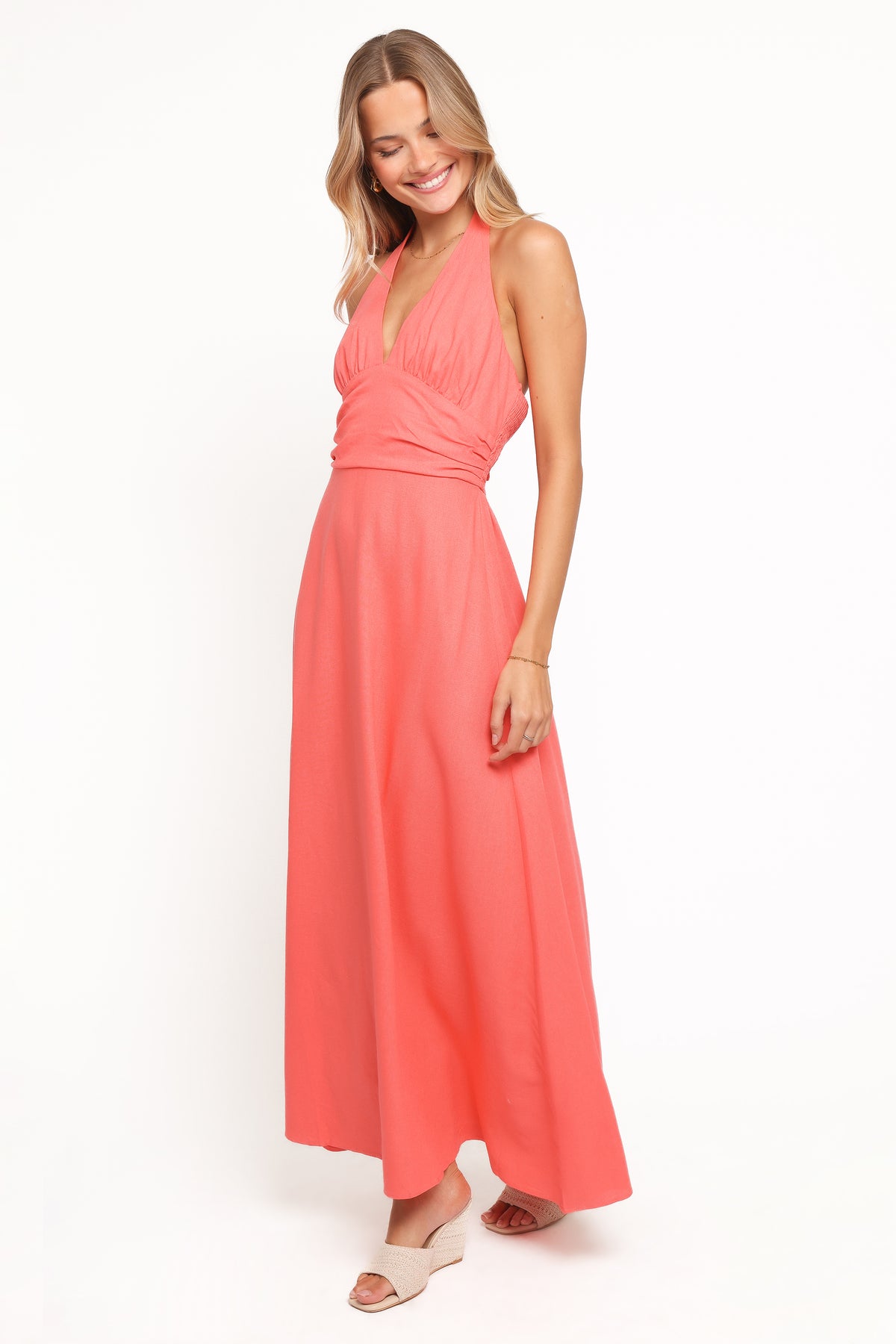 high neck halter sheath dress Ruth Satin High Tie Neck Backless Floor Length Dress